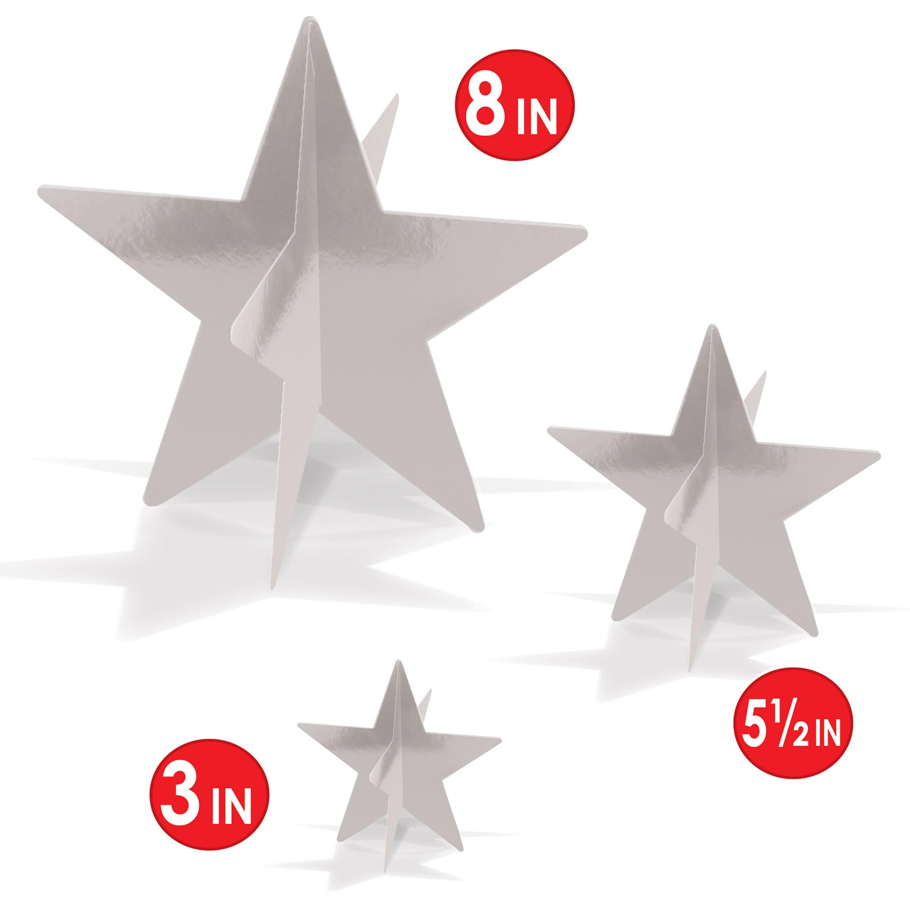 Beistle 3-D Foil Silver Star Centerpieces in 3 Sizes, Set of 9 - Space Themed, Awards Night Table Decor, Classroom Parties
