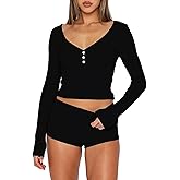 ForeFair Women 2 Piece Ribbed Knit Pajama Set Button Long Sleeve Tops and Shorts Lounge Sweatsuits Y2k Sleepwear PJ Set