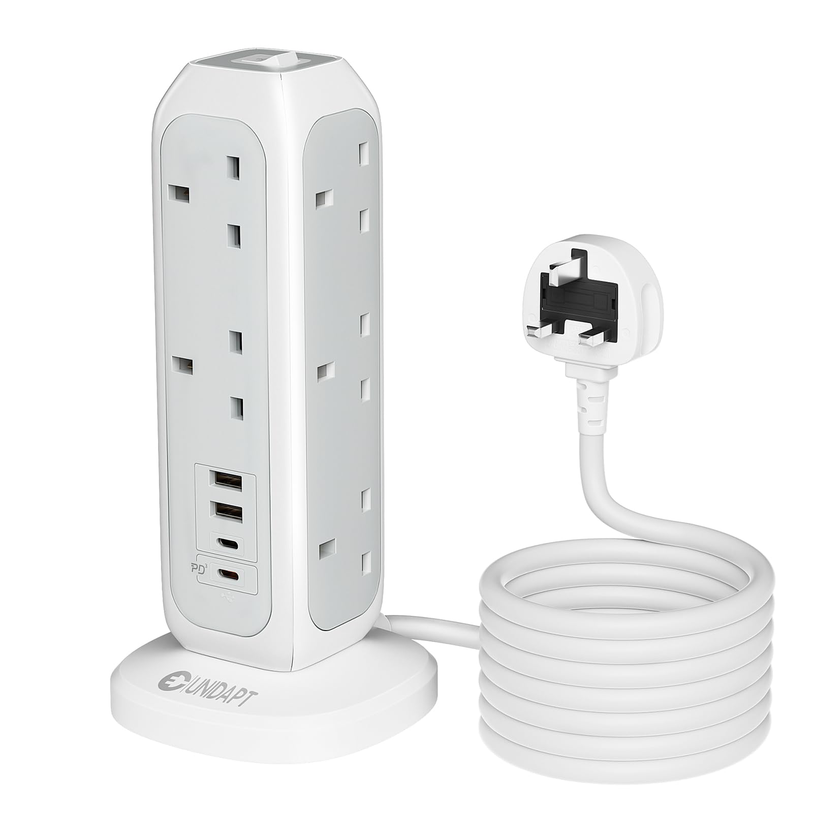 Unidapt Tower Extension Lead with 4 USB Slots, 20W USB C Fast Charger, 15-Way Surge Protected Multi Plug Socket with Switch, 2M Extension Cable, Power Strip for Home & Office