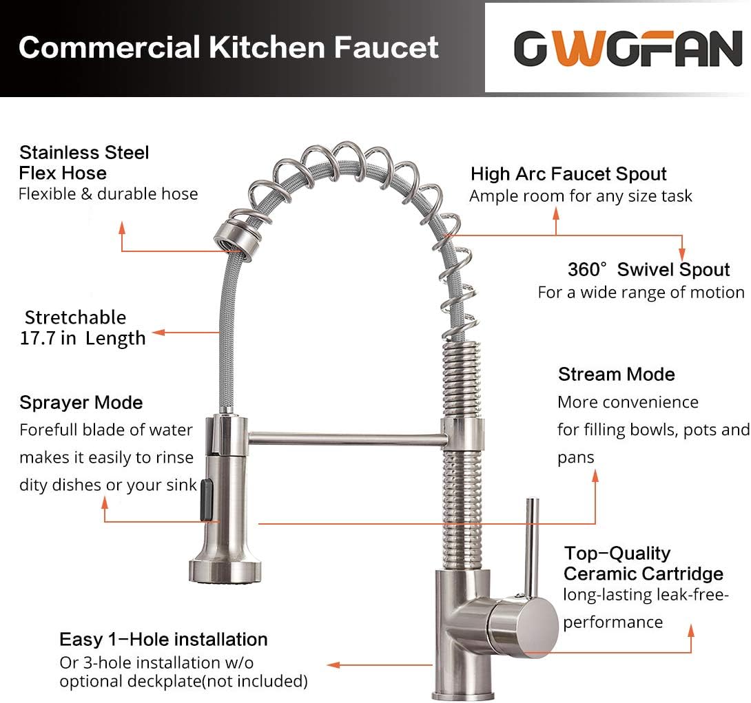 OWOFAN Pull Out Kitchen Faucet Low Lead Commercial Single Handle Pull Down Sprayer Spring Kitchen Sink Faucet, Brushed Nickel Kitchen Faucets with Deck Plate 866055SN - - 