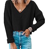 Jumppmile Womens V Neck Waffle Knit Cropped Top Long Sleeve Pullover Crop Sweater
