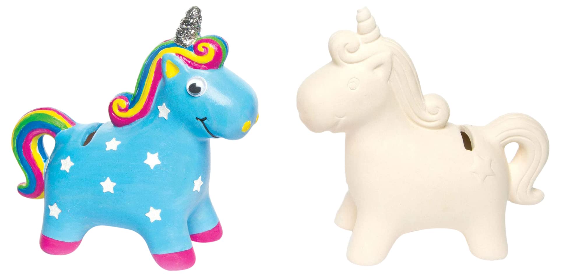 Baker Ross AG696 Unicorn Ceramic Coin Banks (Pack of 2) For Kids To Decorate, Arts and Crafts, 121mm x 117mm x 53mm