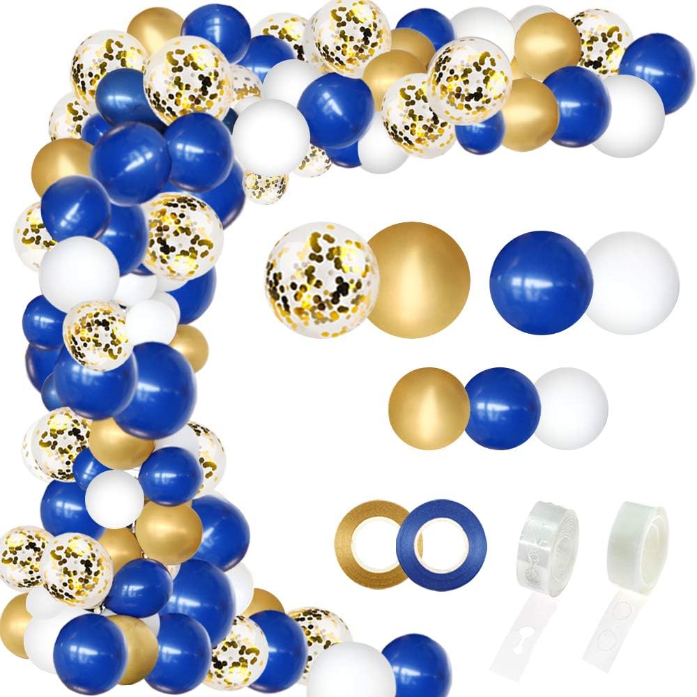 RUBFAC Navy Blue Balloon Garland Kit 146pcs, Navy Royal Blue White Pearlescent Latex Balloon Gold Confetti Metallic Balloon Arch with 16 Feet Strip and Glue for Shower Birthday Wedding Graduation Party Class Room DIY Decoration
