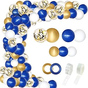 RUBFAC Navy Blue Balloon Garland Kit 146pcs, Navy Royal Blue White Pearlescent Latex Balloon Gold Confetti Metallic Balloon Arch with 16 Feet Strip and Glue for Shower Birthday Wedding Graduation Party Class Room DIY Decoration