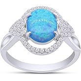 AFFY Simulated Blue Opal & White Cubic Zirconia Halo Twisted Band Fashion Ring For Womens 14k Gold Plated