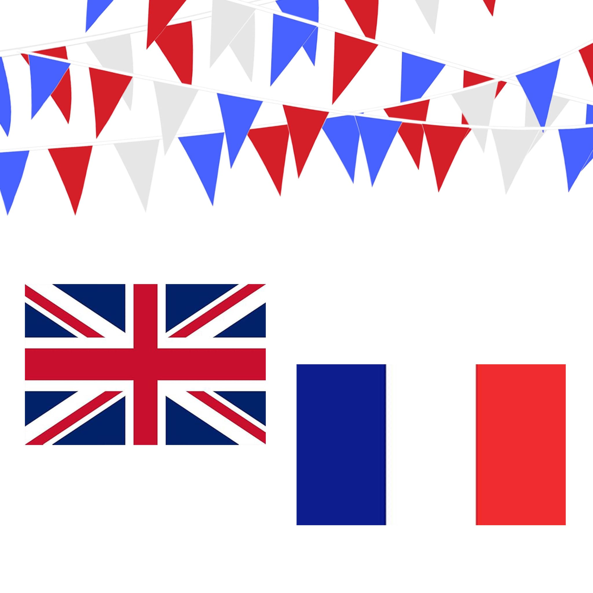 France & British Union Jack Flag 5ft x 3ft with 20m Red, White & Blue Triangular Party Bunting - Perfect for Olympic Celebrations in Pubs, Bars and Homes
