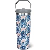 Jizrecly 30 oz Elephant Tumbler With Handle and Straw, 30oz Flip Straw Tumbler Insulated Coffee Travel Mugs Cup Water Bottle Gifts for Elephant Lovers Women Girls
