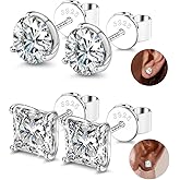 2 Pairs "STUNNING FLAME" 925 Sterling Silver 18K Real Gold Plated Stud Earrings for Women Men 5A Brilliant Princess Cut Round Cubic Zirconia - Hypoallergenic Large CZ Studs Earring Set 8 CTW (2ct*4)