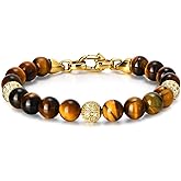 JZPZ Valentines Day Gifts for Men-Tiger's Eye Stone Beaded Bracelet,Real 8mm Natural Gemstone Chain Beads Bracelets with Stainless Steel Clasp, Men Designer Jewelry Gift for Him,Husband,Son,Boyfriend