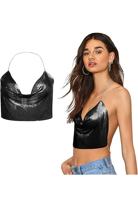 トップス S customize chain tank Women Sparkle Sexy Tank Top Deep V Neck Backless Chain
