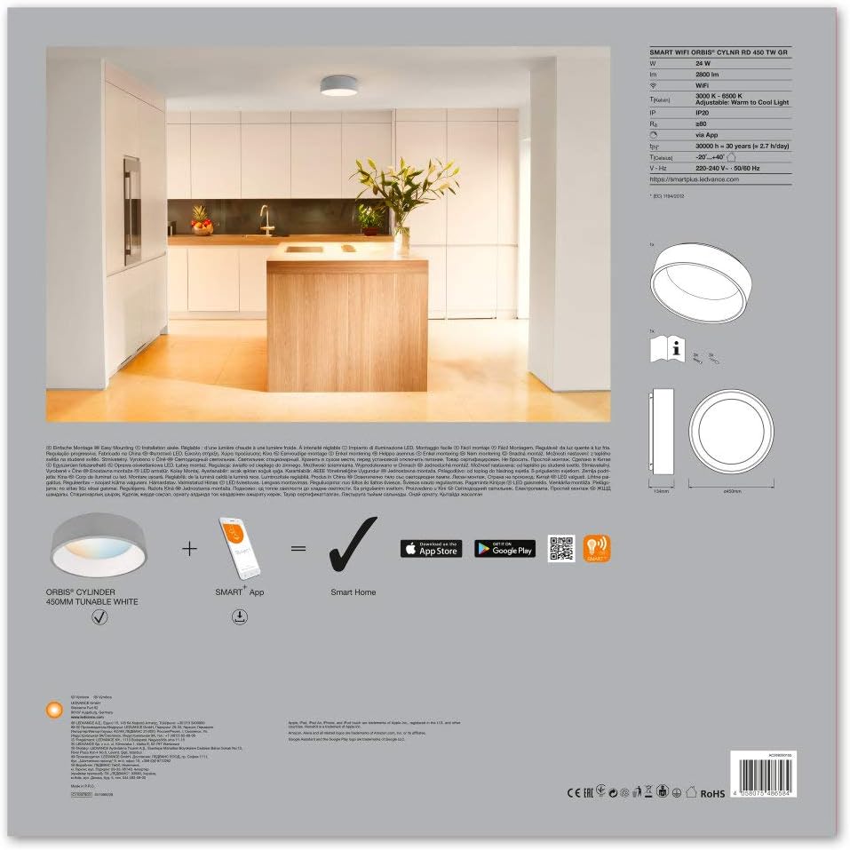 LEDVANCE Smart LEDWall and Ceiling Luminaire for Indoor Use with WiFi Technology Tunable White (3000K-6500K), Gray, 450 mm - Image 5