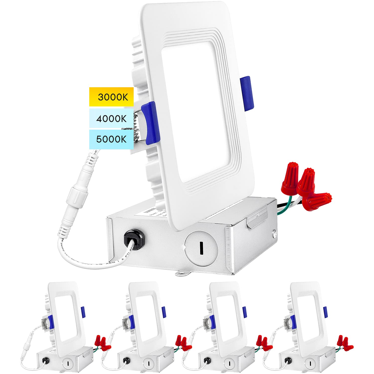 Luxrite 4 Inch Ultra Thin Square LED Recessed Light with Junction Box, 10W, CCT Color Temperature Selectable 3000K | 4000K | 5000K, Dimmable Wafer Lights, 700 Lumens, Damp Rated, IC Rated (4 Pack)