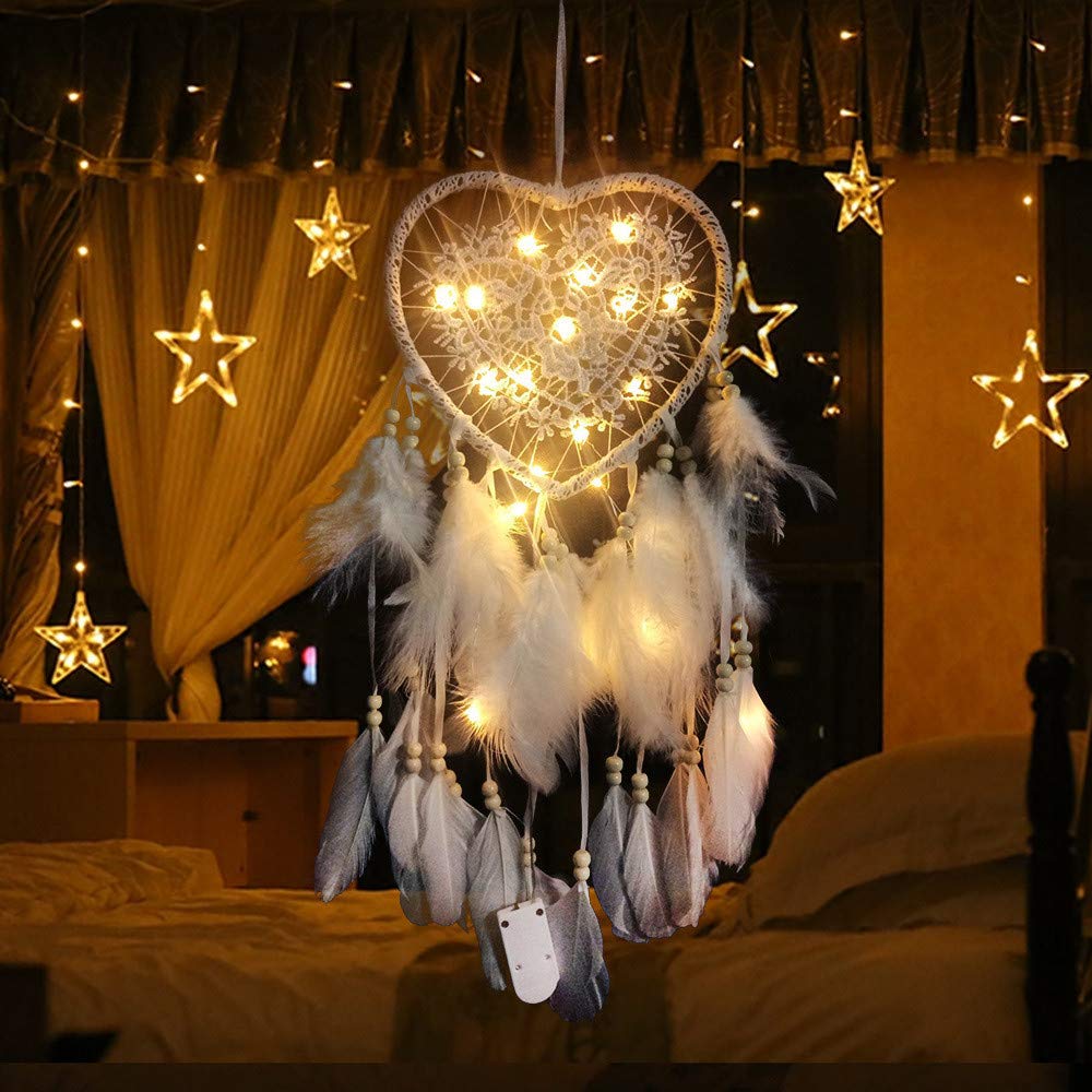 Railonch Heart Dream Catcher, Boho Style Handmade LED Light Wall Hanging, Romantic Decoration