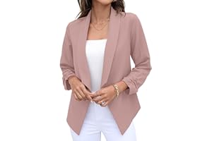 GRECERELLE Womens Blazer Suit Open Front Cardigan 3/4 Ruched Sleeve Casual Work Office Cropped Blazer Jacket for Ladies