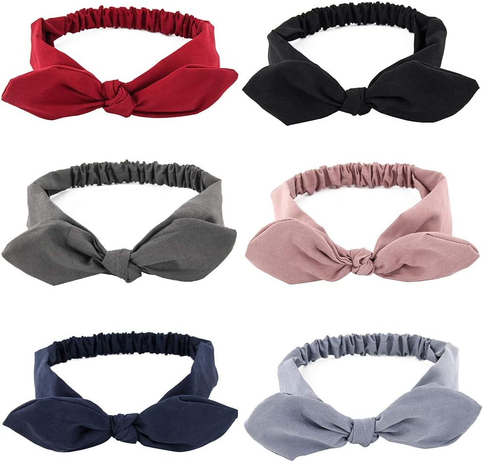 Yeshan Elastic Solid Colors Knotted Bow Fashion Headband Rabbit ears Hairband Turban Headwrap,Pack of 6