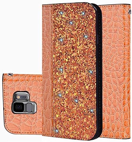 Lspcase Samsung S9 Crocodile Pattern Leather Case, Galaxy S9 Glitter Flip Book Cover Magnetic Stand Protective Phone Case with Card Holder Premium PU Leather for Samsung Galaxy S9 - Orange