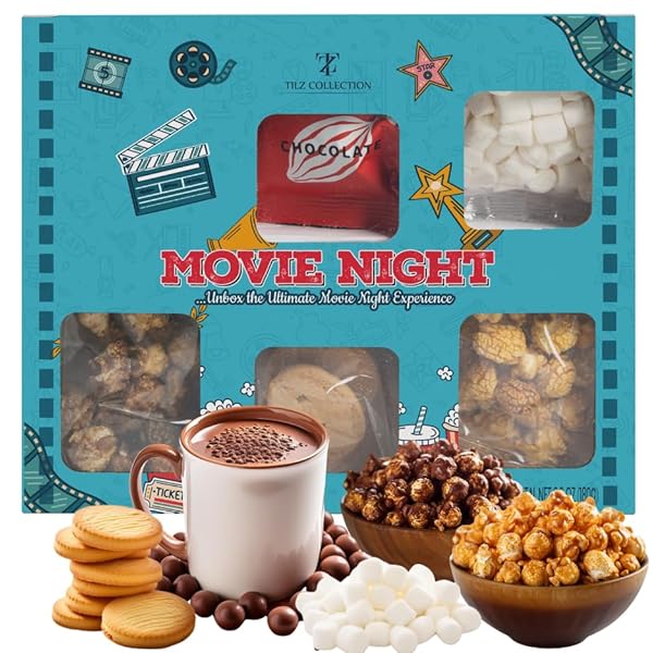 MOVIE NIGHT HAMPER SNACK BOX, MOVIE NIGHT SNACKS, KIDS SWEETS SWEETS GIFT BOX WITH CHOCOLATES, HOT CHOCOLATE, MINI MARSHMALLOWS, CHOCOLATE & CARAMEL POPCORN, BUTTER BISCUITS, GIFTS FOR HER |WOMEN |HIM