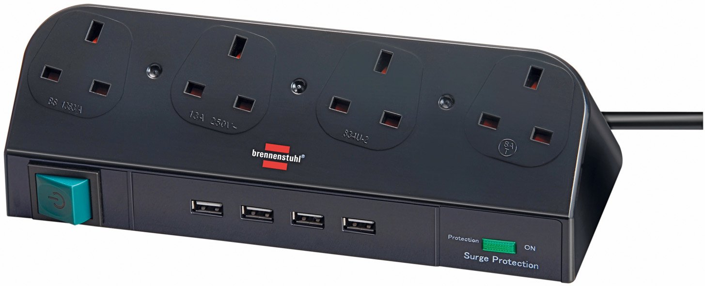 Brennenstuhl Desktop-Power 13.500 A Surge Protected Socket with USB-Hub 2.0 Splitter 4-way black 1,8m 05VV-F 3G1,25 *GB*