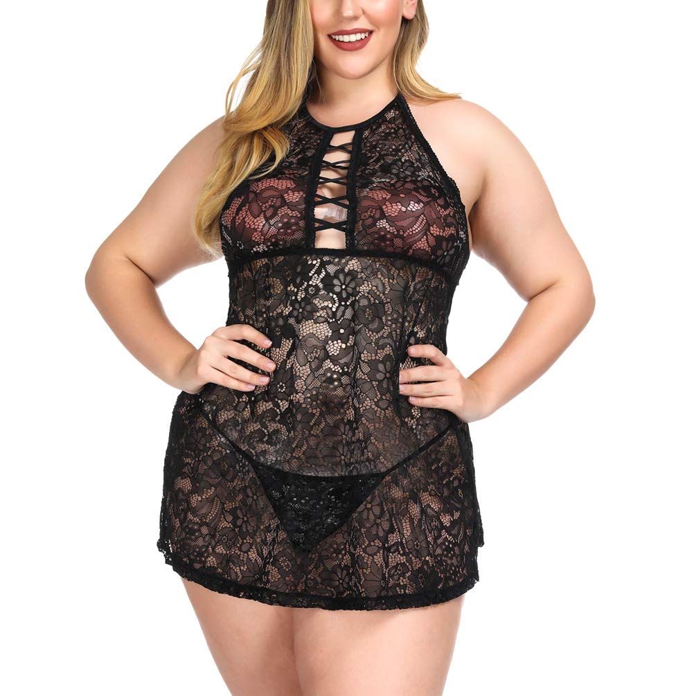 ENJOYNIGHT Women\'s Lingerie Lace Babydoll Plus Size Sleepwear Nightwear (XX-Large, Black3)