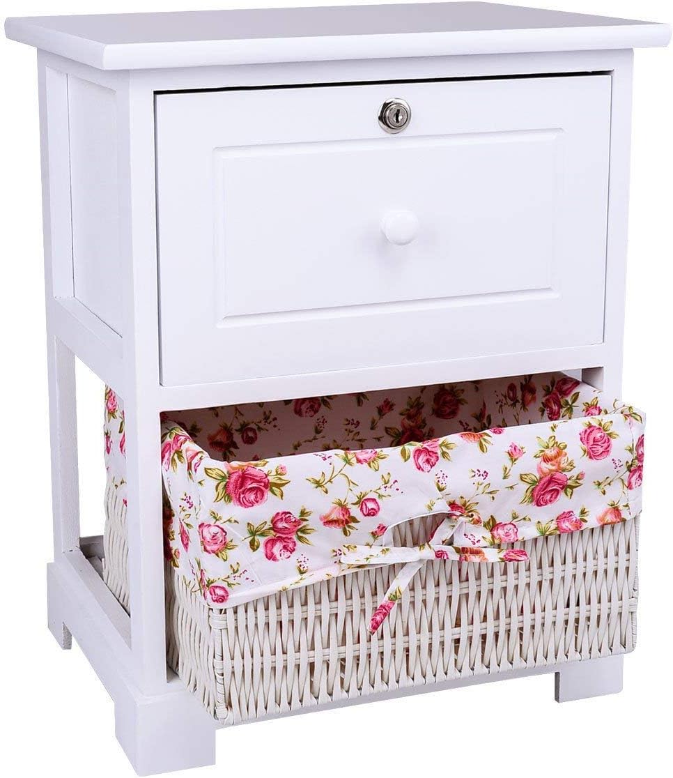 Amazon Com Giantex 2 Tiers Nightstand End Table Wood Home Furniture Sofa Side Bedside Storage Organizer W Basket Lockable Drawer 1 White Kitchen Dining