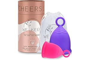 WE KEEO Menstrual Cup - Reusable, Soft & Safe Medical Grade Silicone Period Cup - 12 Hours Comfort - Eco Friendly Tampon & Pad Alternative for Active Lifestyle & Heavy Flow (Rose Pink & Purple)