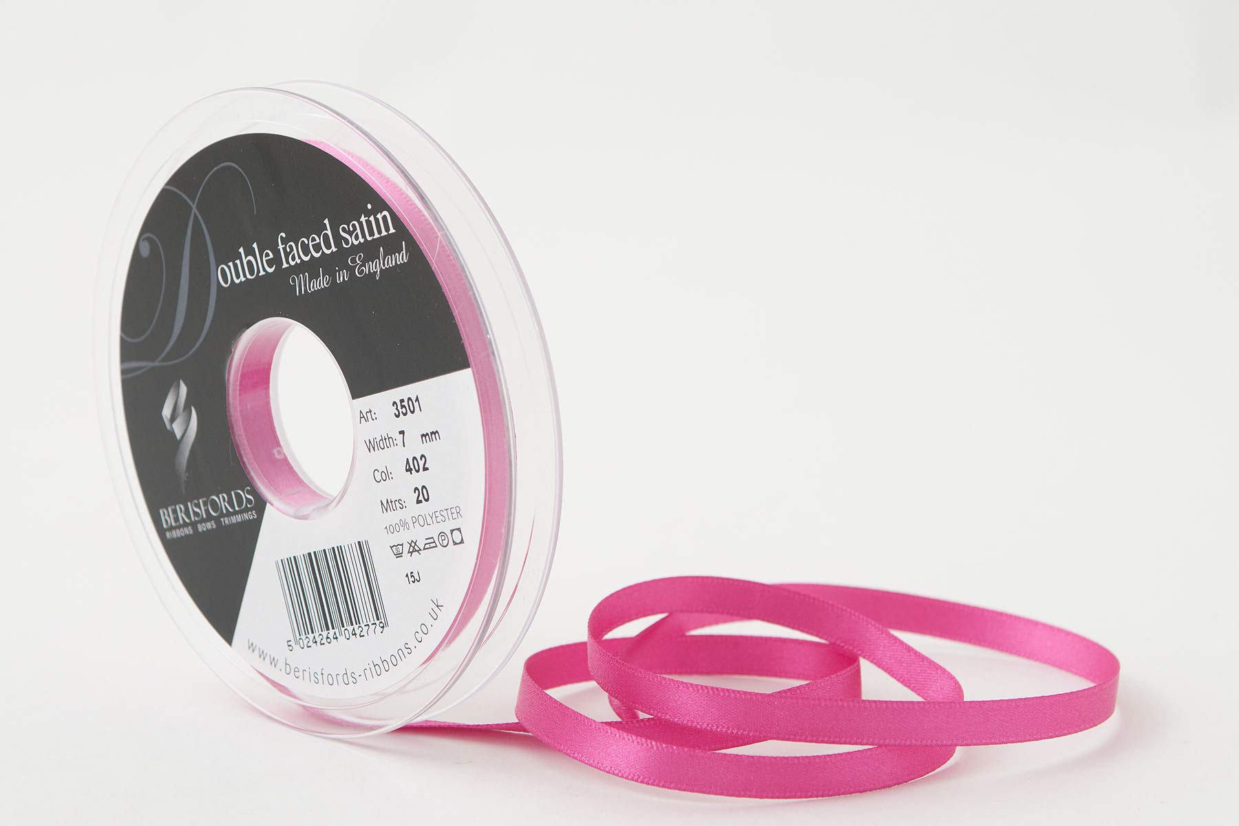 Berisfords Double FACE Poly Satin Ribbon, Fuchsia, 7 mm