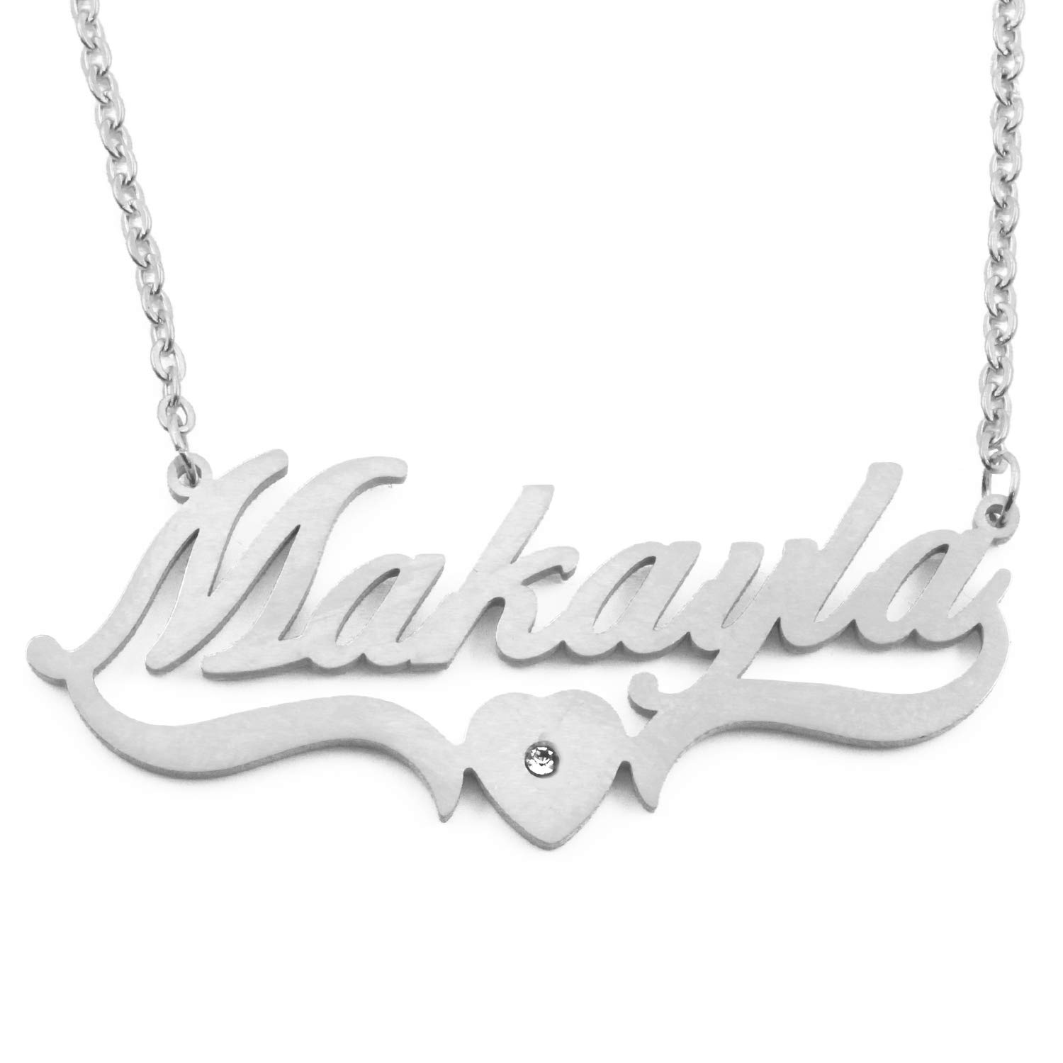 Kigu Makayla Personalised Heart Shaped Name Necklace Adjustable Chain Custom Jewellery - Silver Tone - Incl Gift Packaging