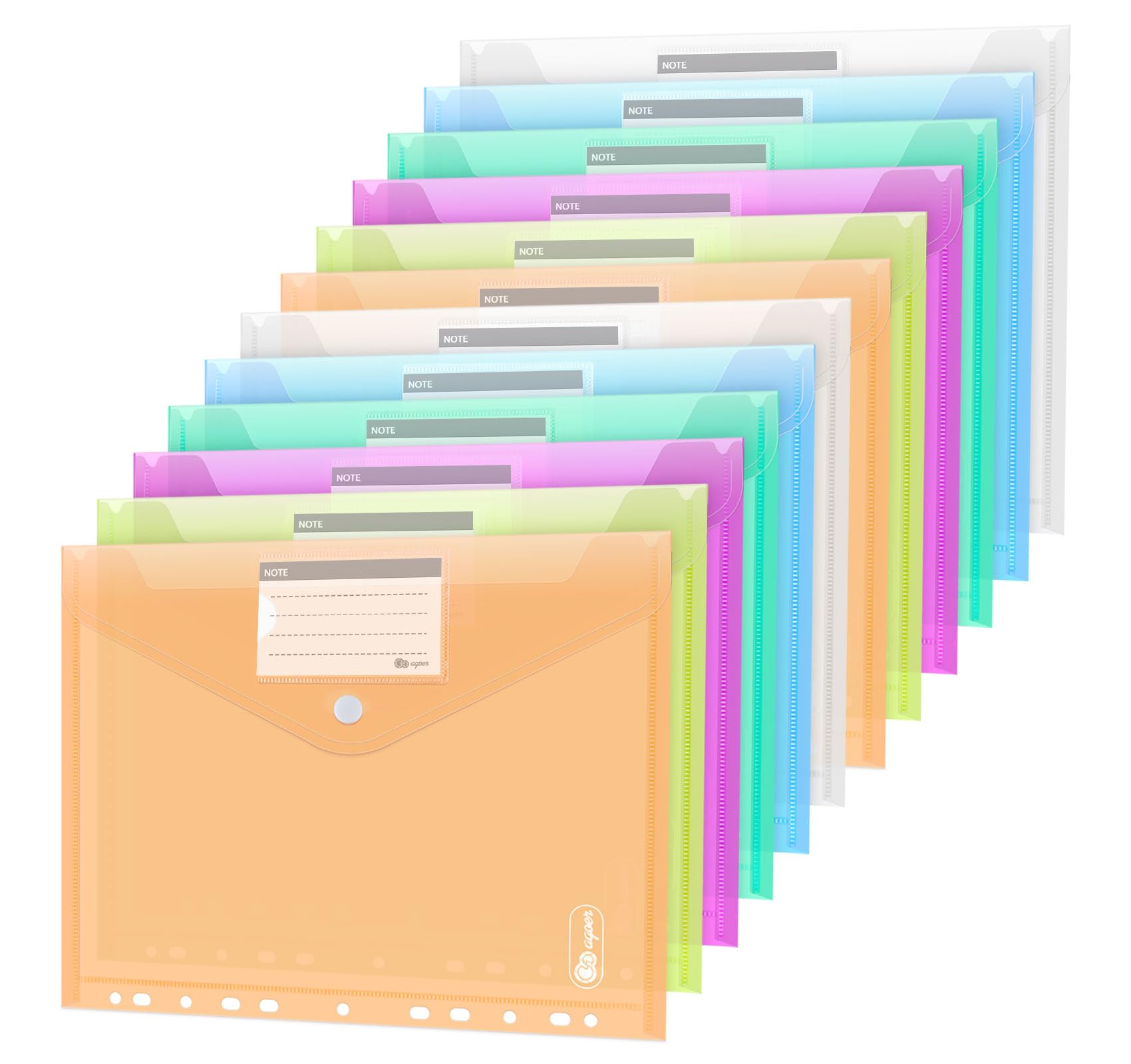 Agoer 24 Pack Plastic Wallets Envelope Folders Punched,A4 Clear Plastic Wallets with 11 Hole,Popper Wallet Document Folder with Snap Fastener and Label Pocket,6 Colors Binder Document Wallets