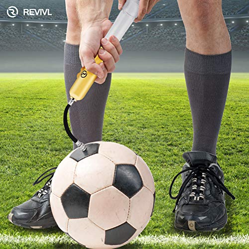 REVIVL Ball Pump with 5 Needles and 1 Nozzle - Air Pump for Inflatables, Basketball, Soccer, Volleyball, Football, Sport Ball - Dual Action for Faster Inflation - Just 6 Inches Small with Hose Holder
