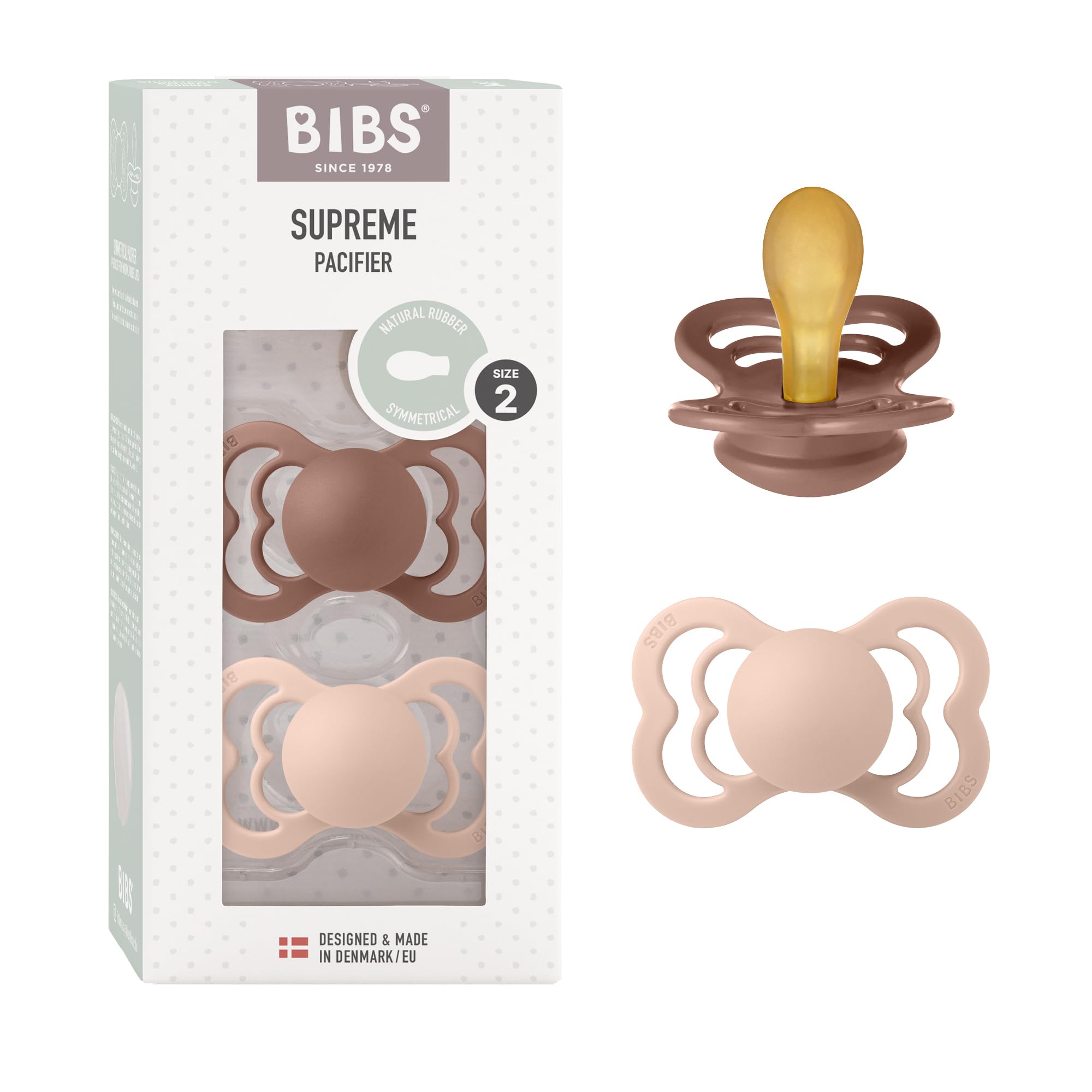 BIBS Supreme Soother 2-Pack, BPA Free Dummy Pacifier, Symmetrical Nipple. Natural Rubber Latex, Size 2 (6-18 Months), Woodchuck/Blush