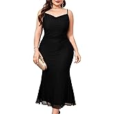 ZOMVA Plus Size Ruched Mesh Dress Mermaid Spaghetti Strap Bodycon Sleeveless Cami Dresses Cocktail Party Wedding Guest