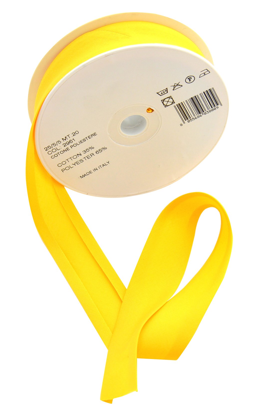 Inastri 25/5/5 mm Bias Binding-Col. 2961-YELLOW-20m Roll, polycotton, Yellow