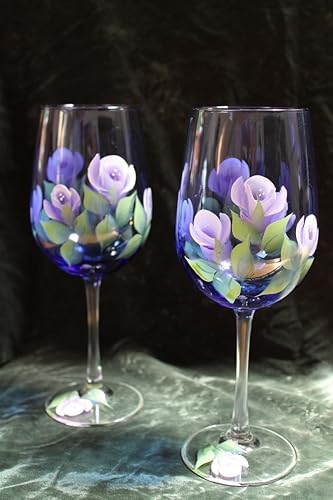 Amazon Com Hand Painted Wine Glasses Roses Lavender And White