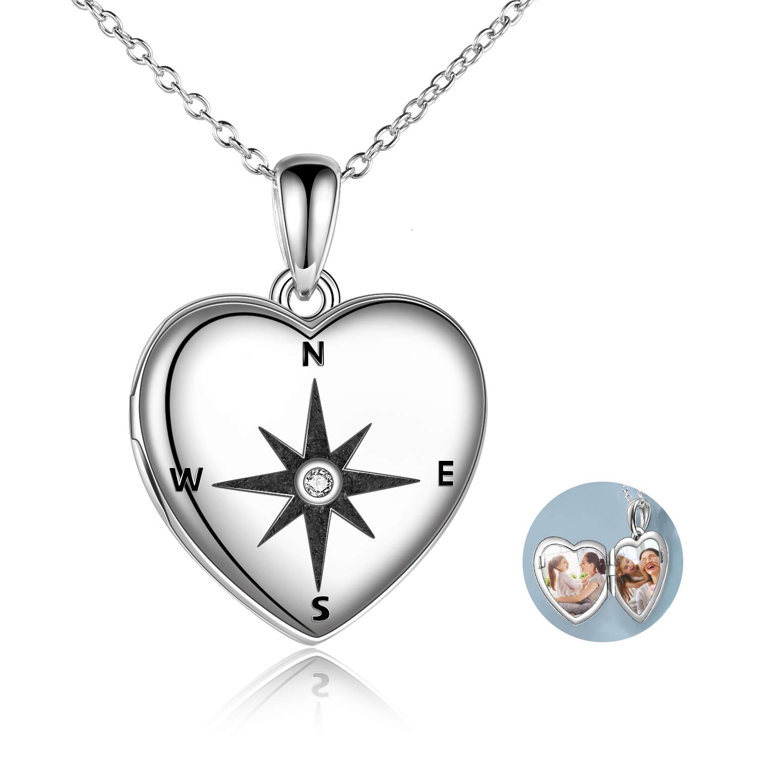 YAFEINI Compass Locket Necklace Sterling Silver Locket Necklace That Holds Pictures Compass Jewelry Graduation Gifts for Her Him for Women