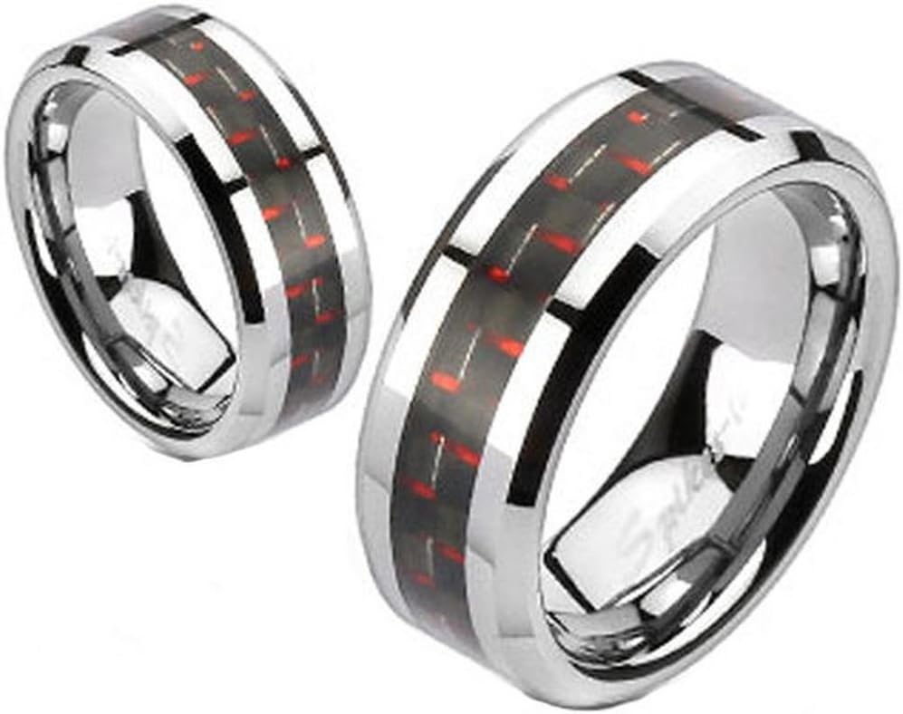Vooxoo Fashion Design 316L Stainless Steel Black And Red Carbon Fiber Inlay Band Ring Size 5-14