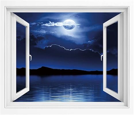 Amazon 夜 偽窓ステッカー 絵画風 Pvc壁紙 1x80 Cm 幻想的な月と穏やかな海の上の雲劇的な曇り暗い空装飾 壁紙ポスター ステッカー ネイビーブルーホワイトブラック ウォールステッカー オンライン通販