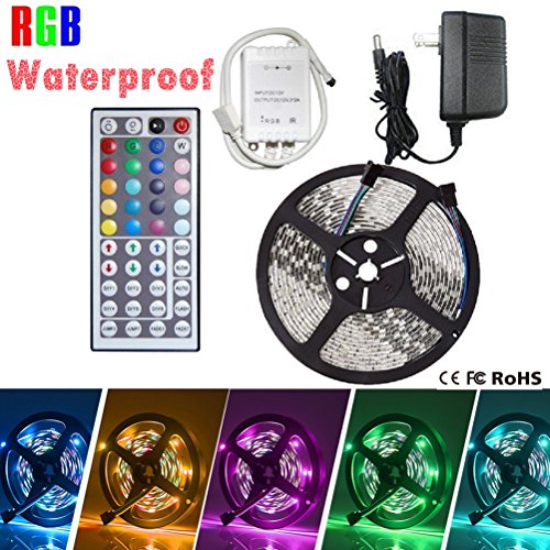 LED Strip Lights, Flexible Strip Lights, eBoTrade 16.4ft 300leds 5m Waterproof RGB Color Changing SMD 3528 Adhesive Light Strip with 44key Remote + Power Supply