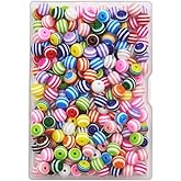 INSPIRELLE 200 Pieces 8mm Resin Stripe Beads Round Rainbow Plastic Beads for Jewelry Making Bracelets Necklaces Making, Opaque Colors Mix