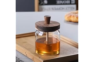 Borosilicate Honey Dispenser with Bamboo Lid & Wooden Stirrer, 17oz Large Capacity Honey Jar Container, Transparent Clear Sto