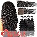 4 Bundles Brazilian Deep Wave Human Hair With Closure Unprocessed Virgin Hair Extesion Deep Curly Remy Hair With Lace Closure Middle Part Natural Color (22 24 26 28+18 Lace Closure)