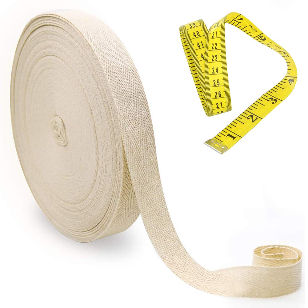 50 Meters 25mm Cotton Tape Bias Binding Tape Bunting Tape Twill Webbing Tape Sew Herringbone Roll Tape for Sewing Dressmaking Alterations Craft Apron, Natural