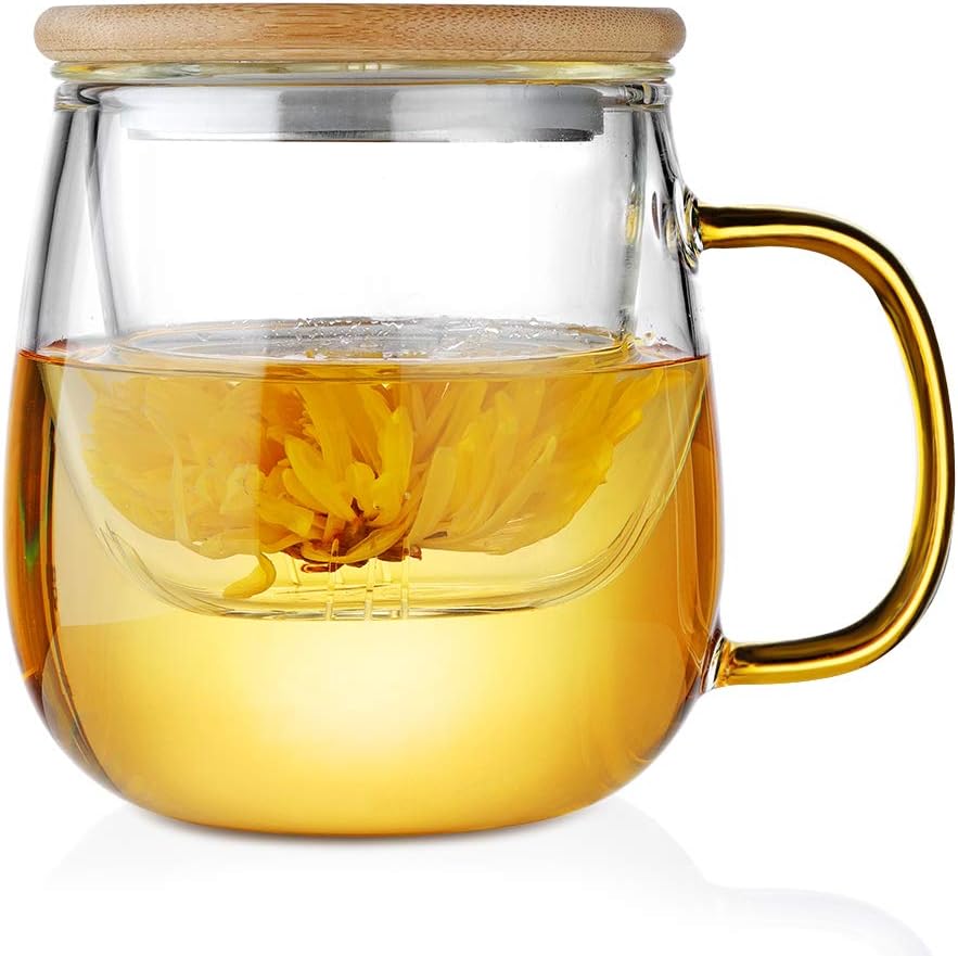 Double Wall Glass Coffee Mug, Glass Tea Cup with Handle and Bamboo lid, Heat Resistant Glass Tea