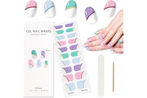 TOROKOM Semi Cured Gel Nail Strips, 20PCS Self-Adhesive Nail Strips Full Nail Wraps Strips, French Multicolor Gel Nail Strips with Nail File, Stick & Sealing for Women Girls DIY Manicure Decorations