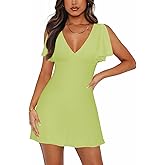 MIYIEONZ Women's Sexy Deep V-Neck Ruffle Sleeve Mini Dresses Summer Casual Bodycon Beach Cocktail Party Club Short Dress