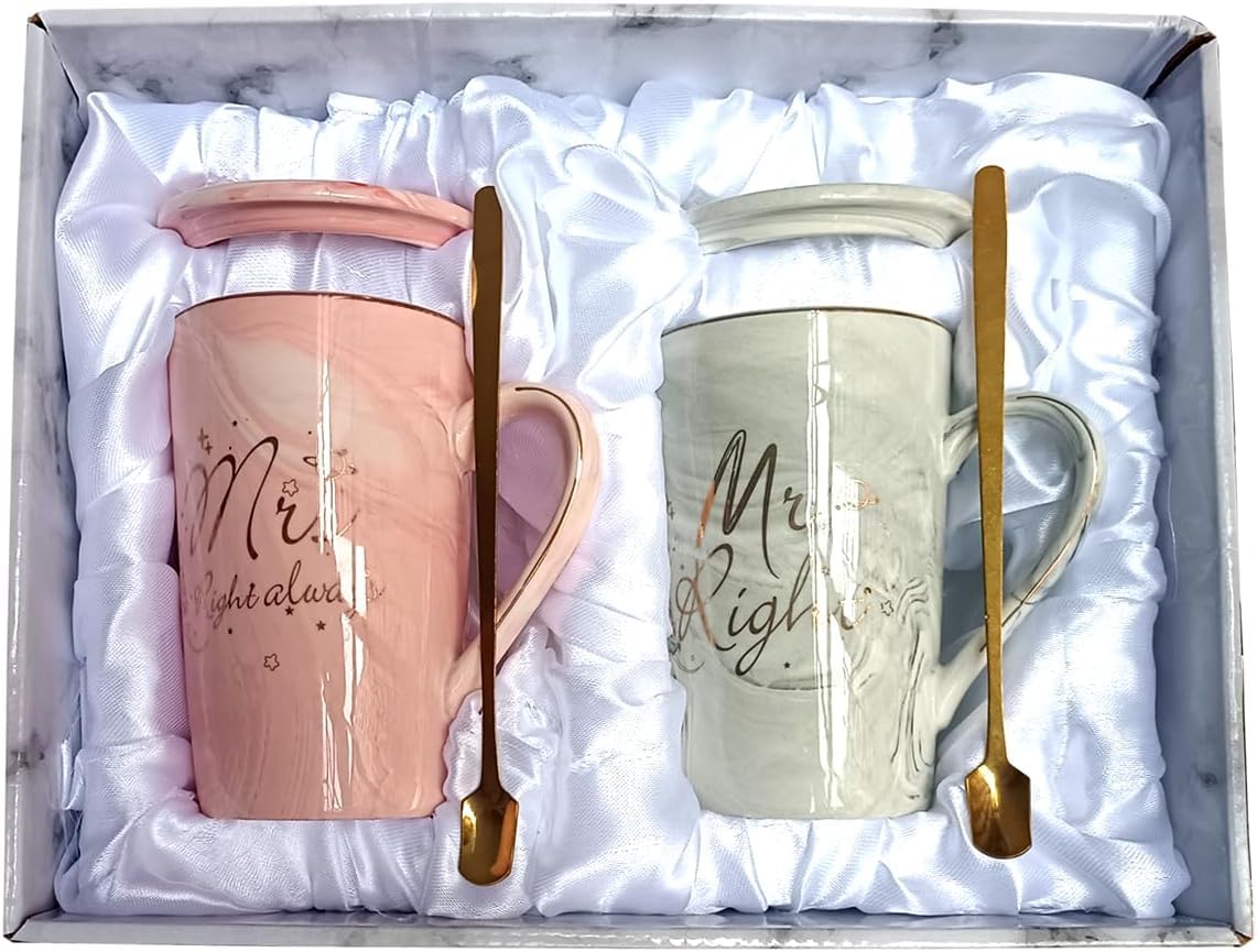 BEVKAF Mr and Mrs Mugs, Mr and Mrs Gifts for Couple, Gifts for Couple Engagement Bride and Groom 14Oz Ceramic Mugs Set (Mr Right & Mrs Always Right)