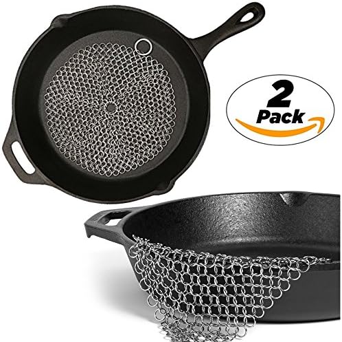 Aoocan Cast Iron Cleaner Set of 2 - 8"x6" and 7”x7” Stainless Steel Chainmail Scrubber for Cast Iron Pan Pre-Seasoned Pan Dutch Ovens Waffle Iron Pans Scraper Cast Iron Grill Scraper Skillet Scraper