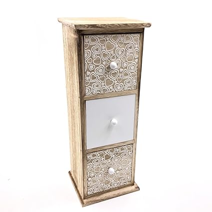 Wooden Storage Heart Print Small Draw Chest Unit Triple Drawers
