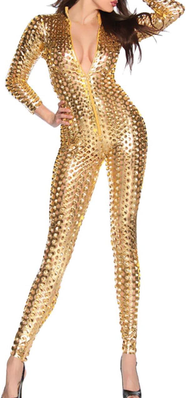 PanegyWomens Fish Scale Catsuit Party Clubwear Bodycon Tight One Piece Skinny Stretch Bodysuit Jumpsuit Playsuit S-L