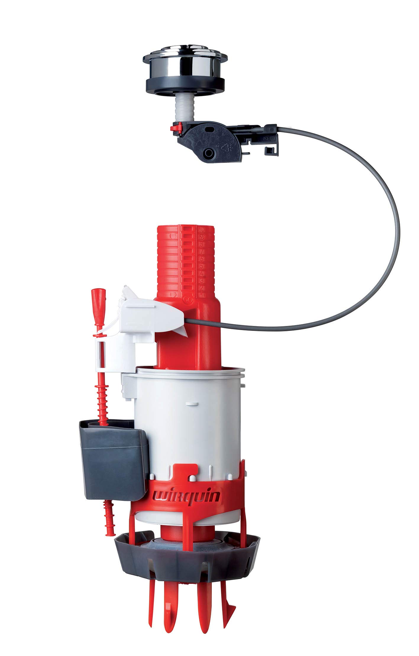 Wirquin 10724143 Double Flush Toilet Flush Mechanism with Push Button Cable Easy Click, Grey and Red