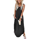 ANRABESS Women Maxi Dress Summer Casual Sleeveless V Neck Sundress Coverups Beach Vacation Clothes with Pockets